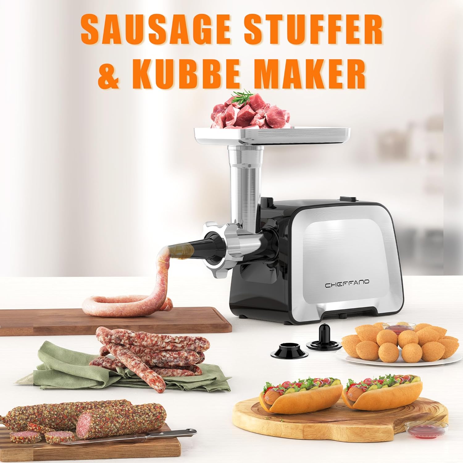 Electric Meat Grinder, Stainless Steel Sausage Stuffer Maker With 2 Blades, 3 Plates, Sausage Tube & Kubbe Kit, [2000W Max] Heavy Duty for Home Use